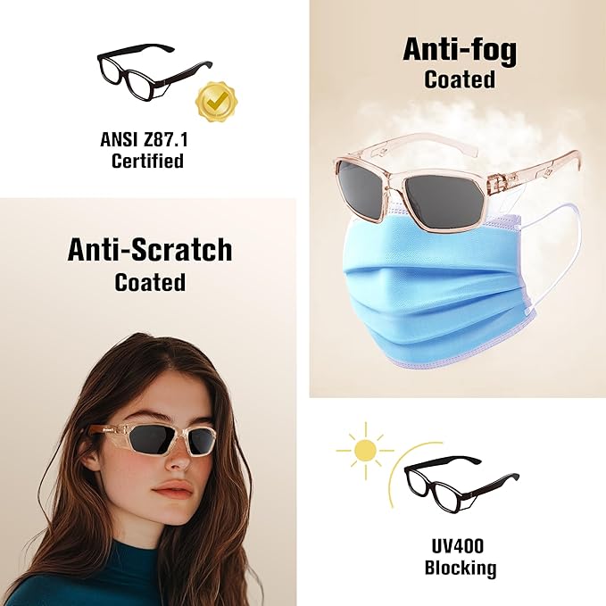 ProtectX Stylish Anti-Fog & Scratch-Resistant Safety Glasses With Readers, UV Protection Goggles, Anti-Impact Lightweight Glasses for Men＆Women Cold Brew Tinted Smoke - 6 Pack