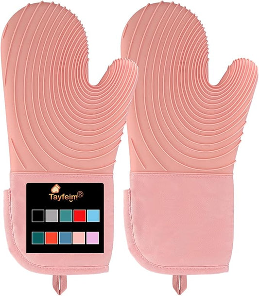 Silicone Oven Mitts-13.6 in Extended Oven Mitts Heat Resistant 500F, Oven Gloves with Soft Liner Good Grippy BPA-Free Easy to Clean Flexible-Oven Mits Set for Cooking Baking Grilling BBQ