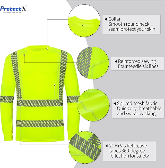 ProtectX High Visibility Long Sleeve Shirts Reflective Hi Vis Safety Shirt for Men Women Class 2-3 Construction Shirt 1 Pack
