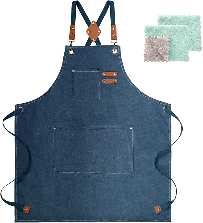 Cotton Canvas Cross Back Apron for Men and Women,Chef Apron With Adjustable Strap and Large Pockets,Kitchen Cooking Baking Bib Heavy Duty Work Apron