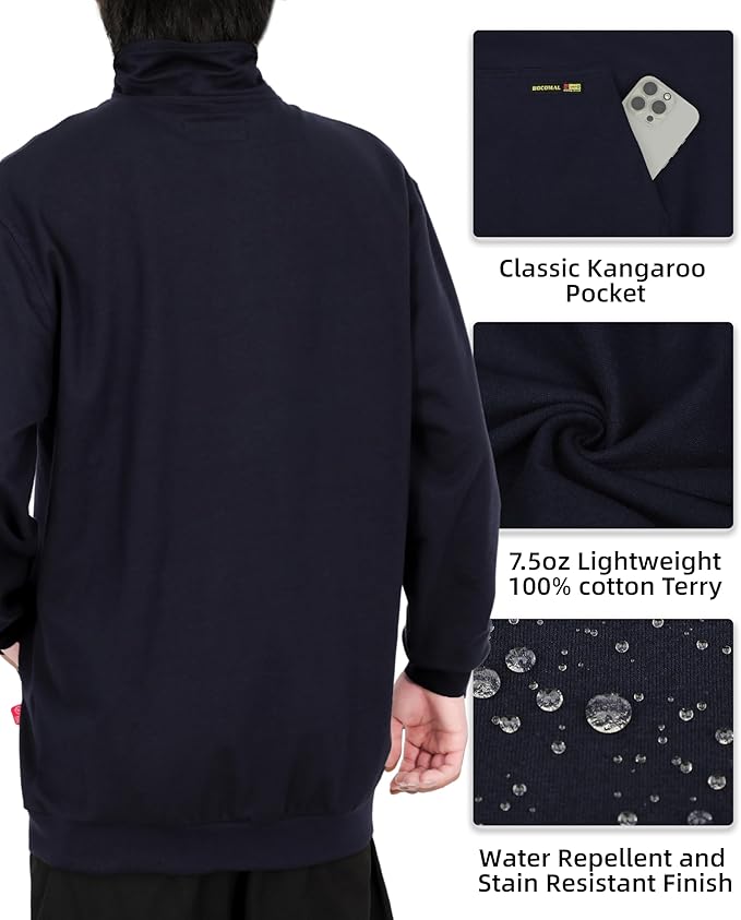 BOCOMAL FR Sweatshirts Midweight Non-Fleece Mock Neck 1/4 Quarter Zipper Water/Stain Repellent Fire Resistant Shirts