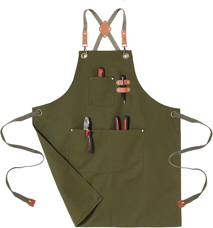 Chef Aprons for Men Canvas Apron with Large Pockets and Adjustable Neck Strap for Cooking, BBQ, Gardening