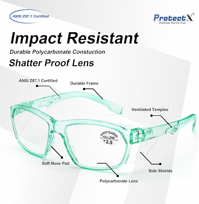 ProtectX Stylish Anti-Fog & Scratch-Resistant Safety Glasses With Readers, UV Protection Goggles, Anti-Impact Lightweight Glasses for Men＆Women Jade Reading 2.5-2 Pack