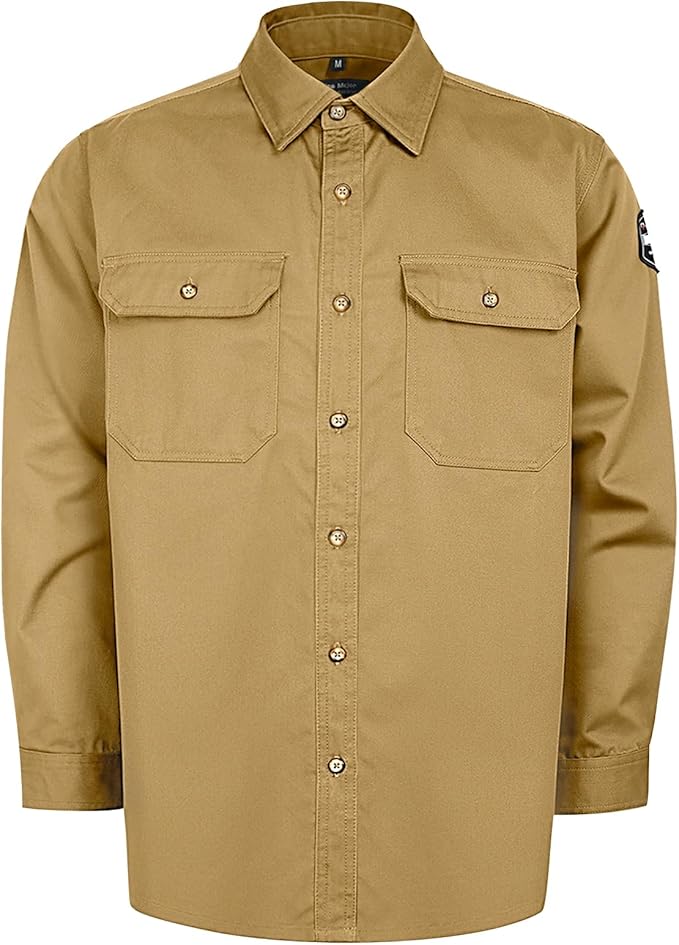 Welding Shirt 7.5oz FR Shirts for Men, 100% C Flame Resistant Welding Jacket with Reinforced Sewing, Durable Men's Fire Retardant FR Clothing for Men, Meets NFPA2112, Khaki-ZRND 4XL