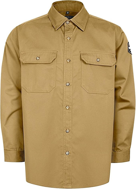 Welding Shirt 7.5oz FR Shirts for Men, 100% C Flame Resistant Welding Jacket with Reinforced Sewing, Durable Men's Fire Retardant FR Clothing for Men, Meets NFPA2112, Khaki-ZRND 4XL