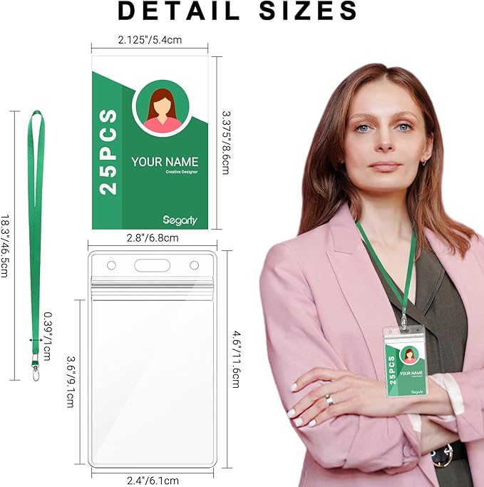 Segarty Lanyards with ID Holder, 25 Pack Vertical Badge Clear Plastic Name Tags Neck Key Card Bulk, Green Strap Clips Waterproof Ziplock Nametag Protector for Women, Business, Student, School, Office