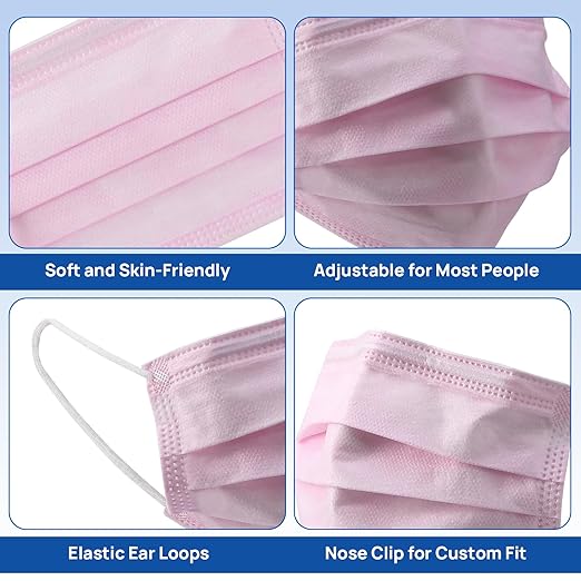 JMU 1000pcs Disposable Face Masks Pink, 3-ply Protection Medical Masks, ASTM Level 1