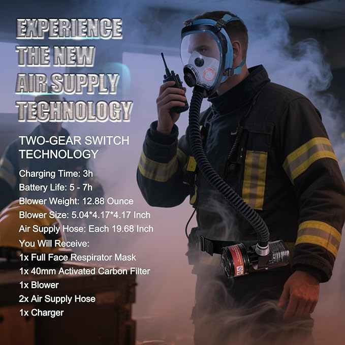 Portable PAPR Respirator System - Powered Air Purifying Respirator with 40mm Filter | Full Face Gas Mask for Dust Paint Spray