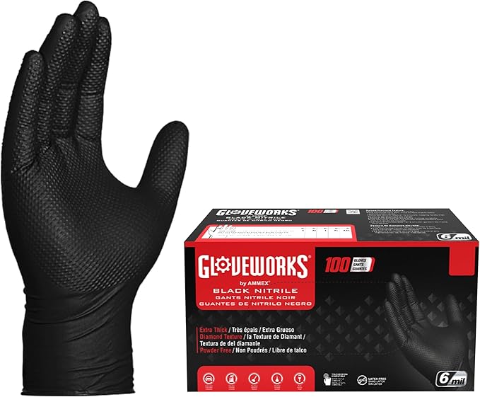 GLOVEWORKS HD Black Nitrile Gloves - 6 mil Disposable, Latex Free Mechanics Gloves