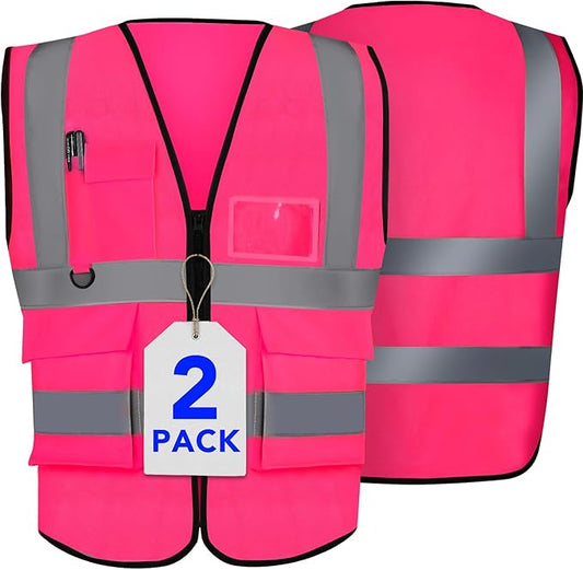 XPCARE 2-Pack Hi Vis Reflective Safety Vest with Pockets,High Reflective Strips Zipper Work Vest for Men and Women,Pink(XX-Large)