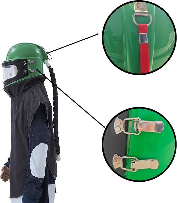 Professional Green Sandblasting Hood with 3 Replaceable Outer Lenses Dust Helmet for Sandblaster & Dustless Blasting Airflow Face Shield Compatible with Hazmat Suit