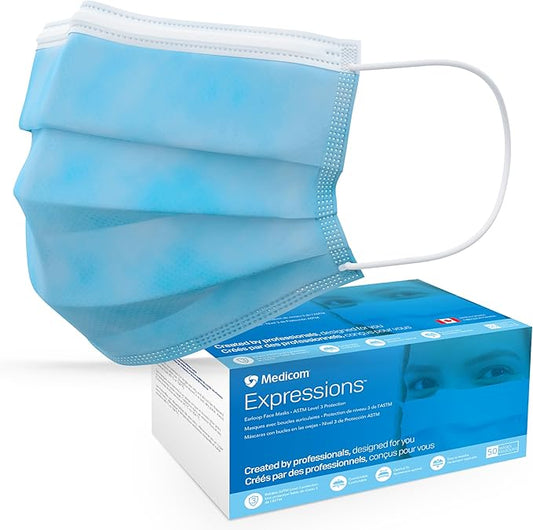 Medicom Expressions Disposable Face Masks - Box of 50 ASTM Level 3 Surgical Masks - 3 Layer Medical Masks Made in Canada - Blue Adult Masks