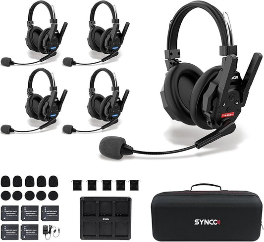 SYNCO XTALK XMAX5 Wireless Intercom Headset System, Dual Ear Communication Headsets 500m/1640ft with Noise Reduction for 5 Person Event TV Production Live, Xtalk-Xmax-Wireless-Headset-Intercom