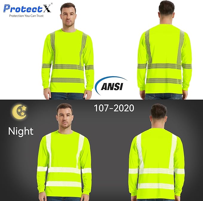 ProtectX High Visibility Long Sleeve Shirts Reflective Hi Vis Safety Shirt for Men Women Class 2-3 Construction Shirt 1 Pack