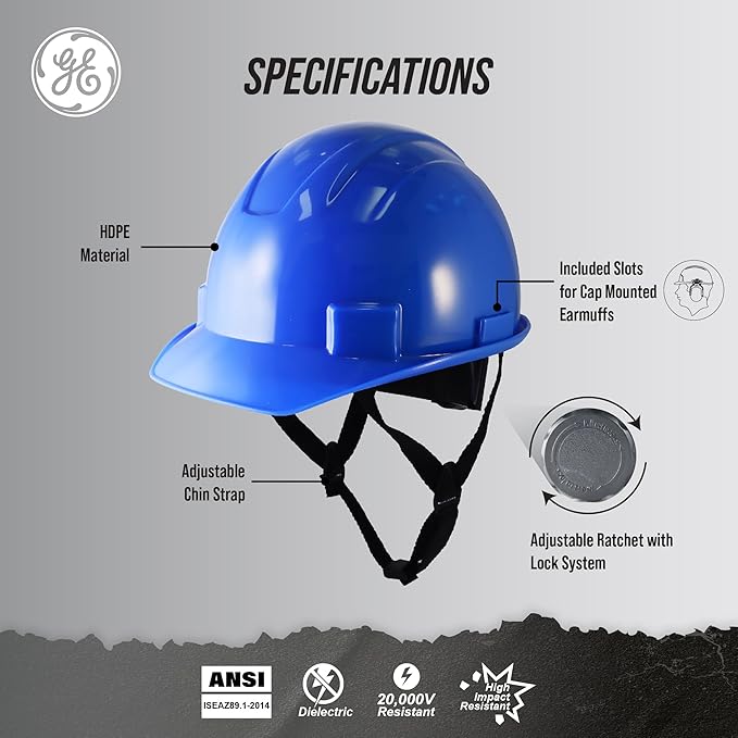 GE Cap Style Hard Hat, 4-Point Ratchet Suspension, Earmuff Slots, High Impact Resistant, Sweat-Wicking Sweatband, Meets ANSI Z89.1-2014, Comfortable, Durable, and Protective - Blue, Non-Vented