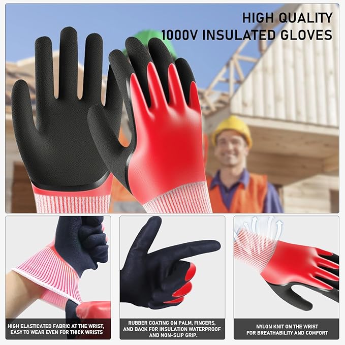 Xin Tester 1000V Electrician Insulated Gloves, High Voltage Resistance Electrical Work Gloves Rubber Non-Slip Texture Waterproof Electrician Tool(Red)