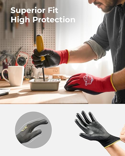 OKIAAS Work Gloves for Men, Ultra Thin and Lightweight Working Gloves with Grip, 12 Pairs Bulk Pack Construction Gloves with Polyurethane Coating for Light Duty Work (Green, X-Large)