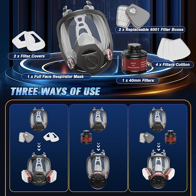 2025 Upgraded Gas Mask, Gas Masks Survival Nuclear and Chemical, Full Face Gas Mask with 40mm Activated Carbon Filter and 6001 Filter, 6800 Respirator Mask for Gases, Vapors, Dust, Chemicals