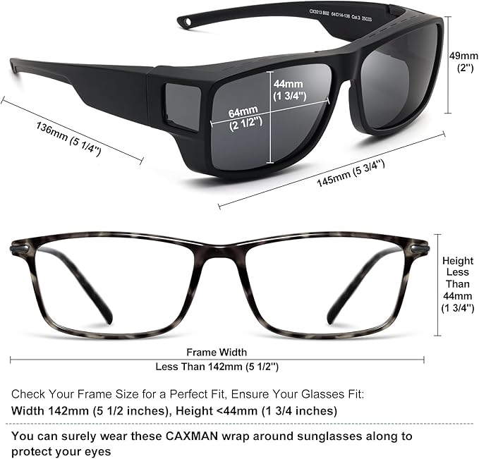 CAXMAN Fit Over Glasses Sunglasses Polarized Wrap Around Sunglasses with Side Window Shields for Full Protection