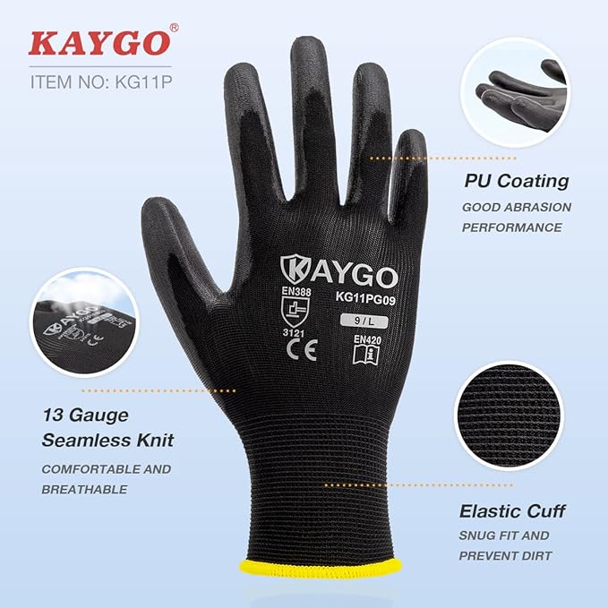 Safety Work Gloves for Men and Women PU Coated, 60 Pairs Seamless Knit Glove with Thin Polyurethane Coated Smooth Grip on Palm&Fingers, Ideal for General Light Duty Work, KG11P
