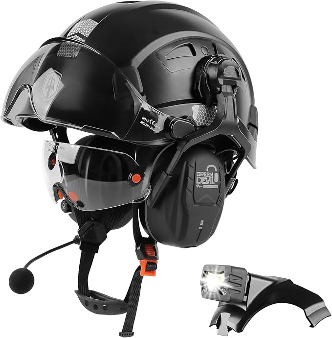 GREEN DEVIL Hard Hat Safety Helmet with Visor Bluetooth Ear Muffs and Headlamp 5 in 1 Full Protection Vented Work Hardhat ANSI Z89.1 Cascos De Construccion for Industrial Construction Forestry