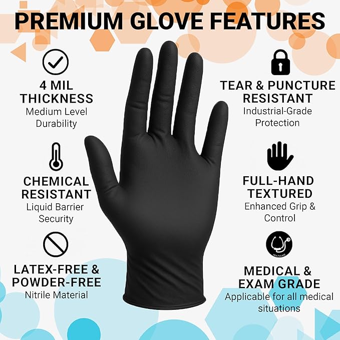 ASAP Black Nitrile Gloves Disposable Latex Free 4 Mil, Powder Free, Food Safe, Medical, Tattoo, Cleaning Gloves