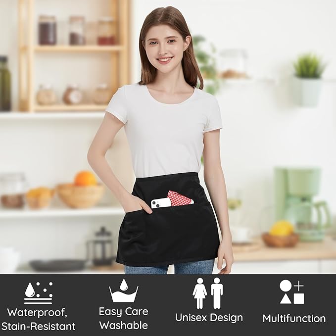 3 Pack Waist Apron with 3 Pockets, Unisex Black Waiter Aprons, Water Resistant Server Aprons for Restaurant Chef Bar