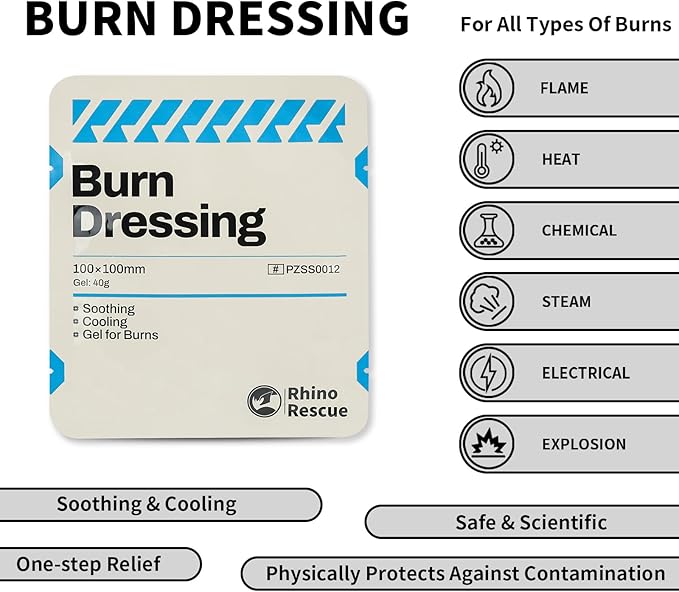 Rhino Rescue 5 Pack 4" X 4" Burn Dressing, Burn Gel Cooling Soothing Cream Relief Burn First Aid Supplies (5)