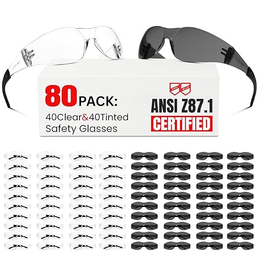 ANSI Z87.1 Safety Glasses Men Women 80 pack: 40pack clear safety glasses+40pack safety sunglasses Scratch & Impact Resistant eye protection glasses for Construction, Outdoor Sports & Work