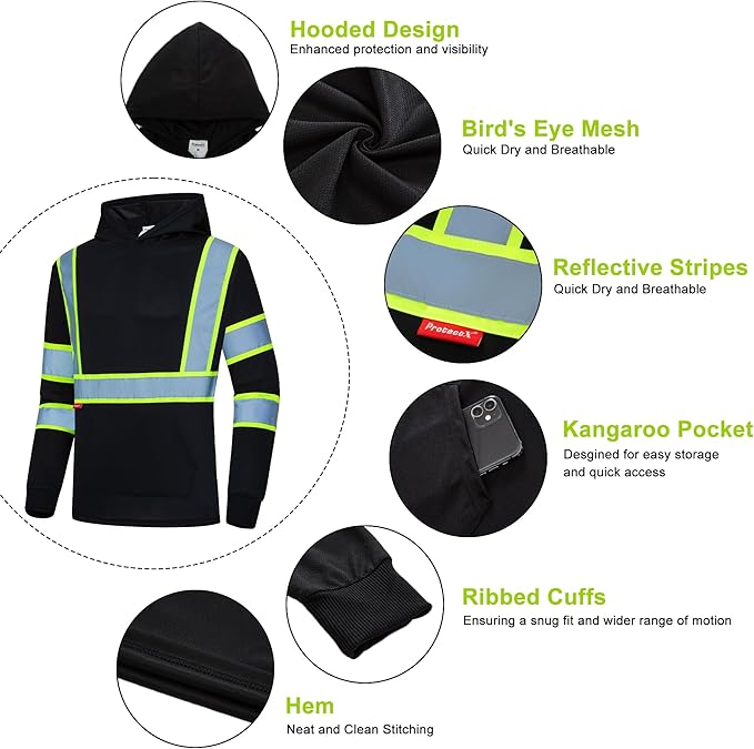 ProtectX Men's High Visibility Heavy Duty Long Sleeve Reflective Safety T-Shirts for Construction, Class 2-3 Type R