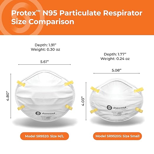 Shawmut Protex™ N95 Mask Particulate Respirators NIOSH Approved Made in the USA, Protective Face Mask, SMALL size, 1 Pack of 20 (Approval Number TC-84A-9295 / Model SR9520S)
