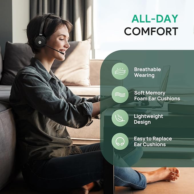 Yealink WH62 Portable Wireless Headset with DECT Dongle, 393 ft,Teams, Zoom Skype Certified, Office Work Headphones with 2X Noise Cancelling Mic, 13H Call Time, (Computer, Desk Phone)