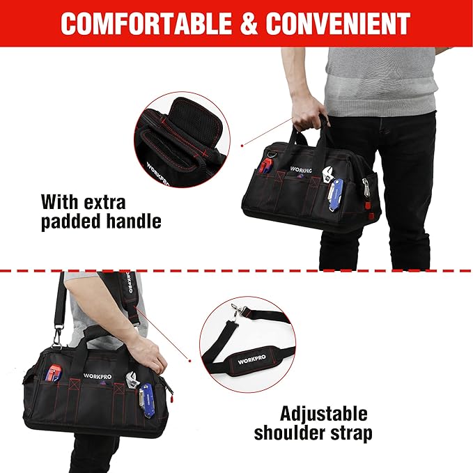 WORKPRO 16-inch Close Top Wide Mouth Tool Storage Bag with Water Proof Rubber Base, W081022A, 16"