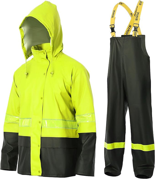 Men's Workwear PRO Rain Suit - Waterproof Jacket and Bib Pants 3-piece Set for Ultimate Safety and Comfort