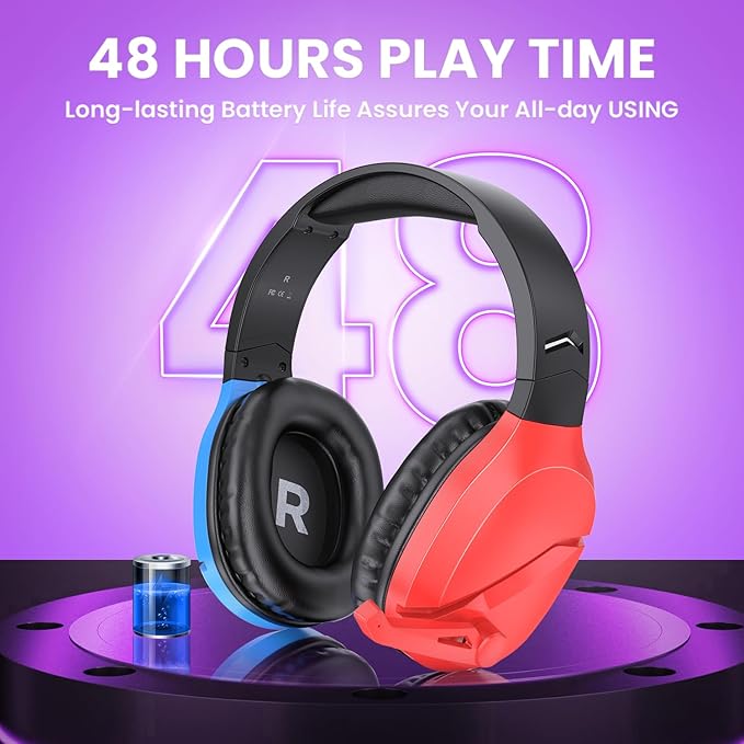 Wireless Gaming Headset with Noise Canceling Microphone for PS5, PC, PS4, 2.4G/Bluetooth Gaming Headphones with USB and Type-c Connector, Wired Mode for Controller - Blue and Red