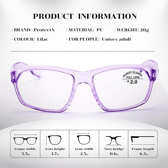ProtectX Stylish Anti-Fog & Scratch-Resistant Safety Glasses With Readers, UV Protection Goggles, Anti-Impact Lightweight Glasses for Men＆Women Lilac Reading 2.0-2 Pack