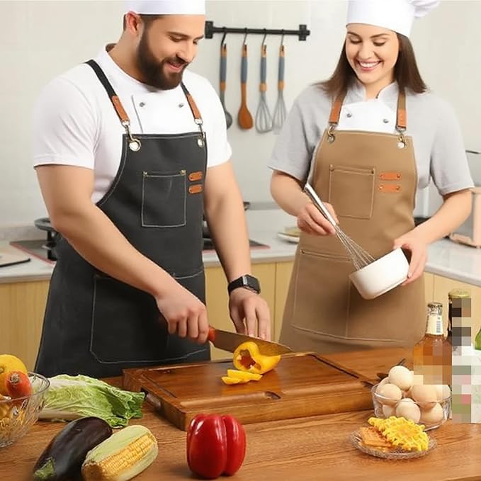 Adjustable Canvas Apron with 3 Pockets for Men Women,Cross Back Work Apron,Durable Kitchen Apron for Cooking,Grilling,Basrista,Crafting