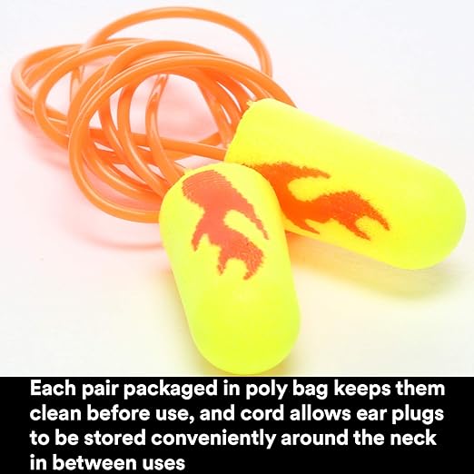 3M Ear Plugs, Pack of 200, E-A-Rsoft Yellow Neon Blasts 311-1252, Corded, Disposable, Foam, NRR 33, Drilling, Grinding, Machining, Sawing, Sanding, Welding, 1/Poly Bag