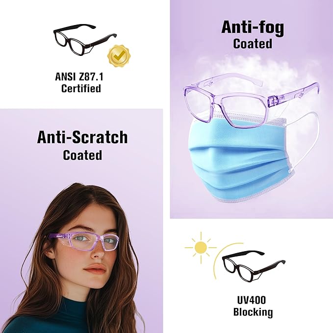ProtectX Stylish Anti-Fog & Scratch-Resistant Safety Glasses, UV Protection Goggles, Anti-Impact Lightweight Glasses for Men＆Women Lilac Clear - 6 Pack
