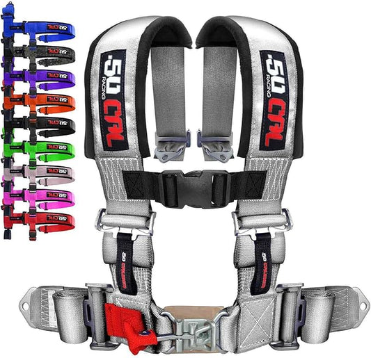 4 Point 3" Racing Harness for Bucket Seats, Quick Release Safety Belt for UTV/RZR, Adjustable Seatbelt with Mounting Hardware, Choose from 9 Colors, Secure Fit for Off-Road Vehicles, Silver, (6006)