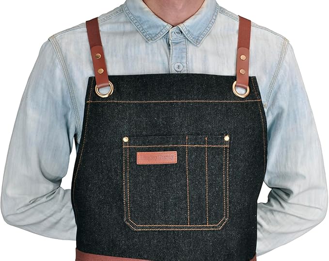 Professional Black Denim Apron with Pockets for Cooking Chef Kitchen Grill BBQ Hairstylist Painting, Mens Womens Apron with Leather Cross Back Straps