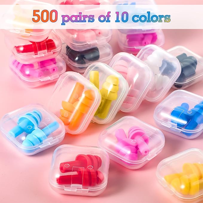 200 Pairs Ear Plugs Bulk for Sleeping Noise Cancelling, Swimming, Shooting, Concerts, Snoring 10 Assorted Colors with Carry Cases Reusable Silicone Earplugs Soft Ear Plugs
