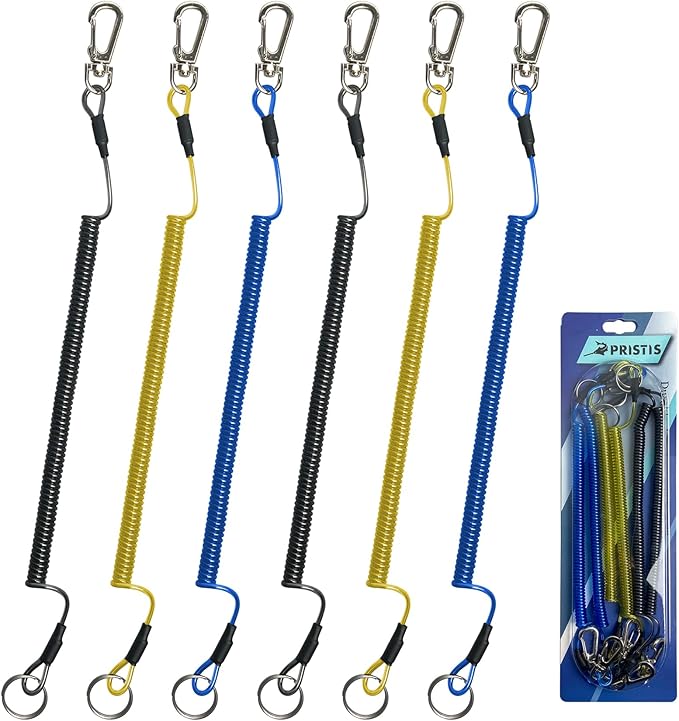 6 pcs Fishing Coiled Lanyards, Heavy-duty Retractable Keychain Pole Tether, Safety Leash Steel Wire & Carabiner Clip