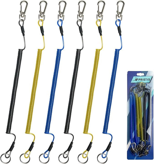 6 pcs Fishing Coiled Lanyards, Heavy-duty Retractable Keychain Pole Tether, Safety Leash Steel Wire & Carabiner Clip