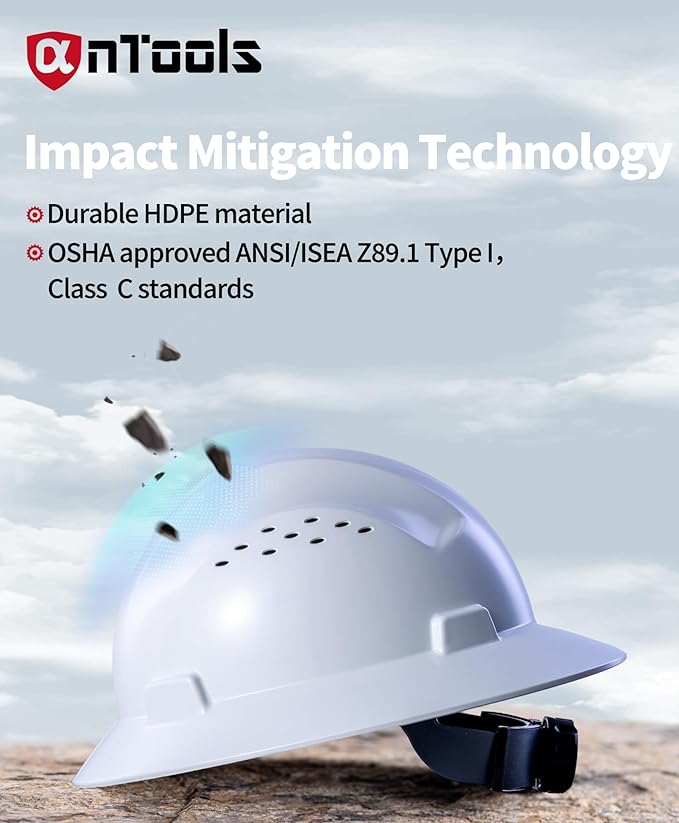 White Full Brim Hard Hat, OSHA Approved Construction Helmets for Men, 4-Point Adjustable Suspension, ANSI Z89.1