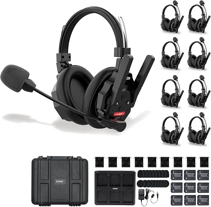 SYNCO XTALK XMAX9 Wireless Intercom Headset System, Dual Ear Communication Headsets with Noise Reduction 500m/1640ft for 9 Person Event TV Production Live, Xtalk-Xmax-Wireless-Headset-Intercom