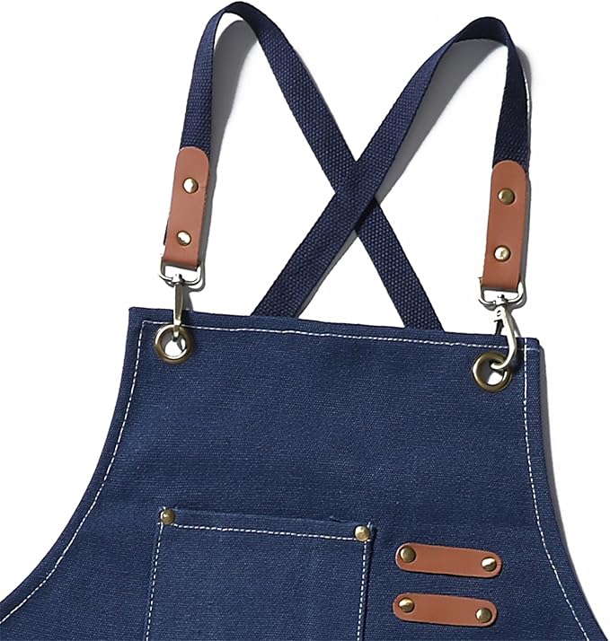 Chef Apron Medium-Thick Cotton Canvas,Cross Back with Multiple Pockets Adjustable Work Apron for Men and Women (Darkblue)