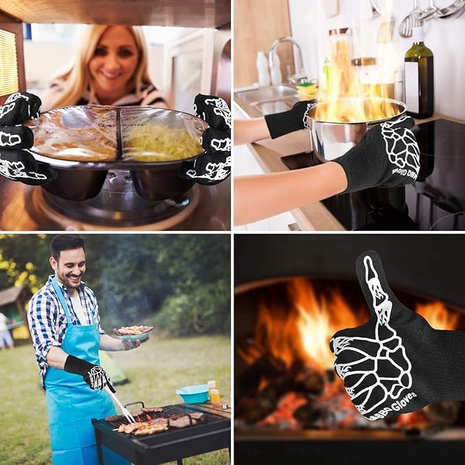 BBQ Grilling Gloves, Oven Gloves 1472°F Extreme Heat Resistant Grill Gloves, 14" Food Grade Kitchen Oven Mitts, Non-Slip Cooking Hot Gloves for Barbecue, Cooking, Cutting, Baking, Welding