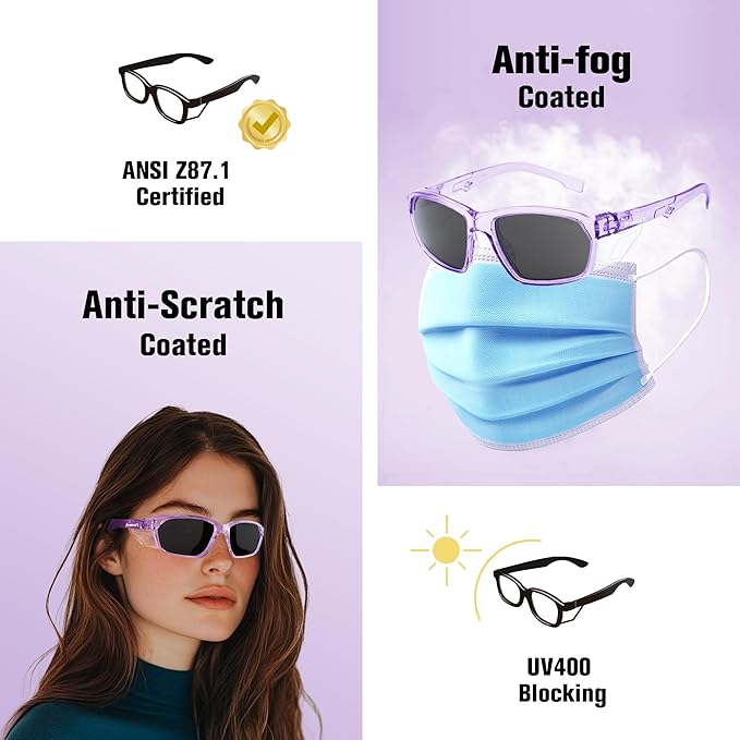 ProtectX Stylish Anti-Fog & Scratch-Resistant Safety Glasses With Readers, UV Protection Goggles, Anti-Impact Lightweight Glasses for Men＆Women Lilac Tinted Smoke