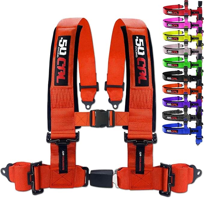 Orange 4 Point Harness for Bucket Seat, Push Button Release, 10 Color Options, Racing Harness, Race Car, Off Road Vehicle, UTV, RZR (1 Unit) [6035]